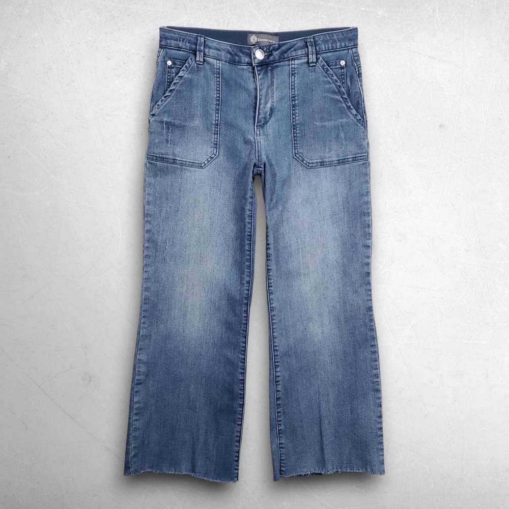 Democracy Ab solution Raw Hem Wide Leg Crop Jeans Women 6 Blue Boho Coastal Chic